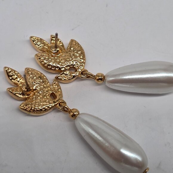 Gold Leaf & Faux Teardrop Pearl Drop Earrings Crystal Rhinestone 1.75" - Picture 4 of 4